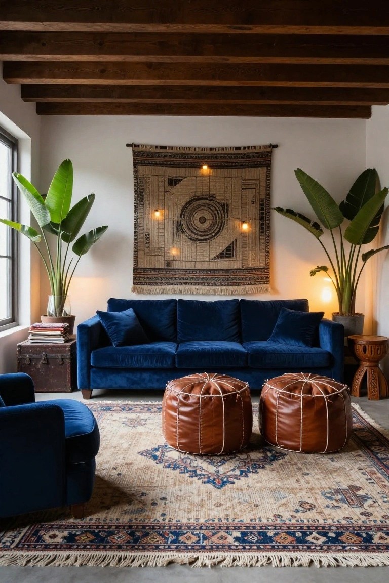 Living room with navy blue velvet three-seater sofa and matching armchair, two tan leather poufs, woven wall hanging with lights, tall potted plants, wood side table, and beige rug with blue patterns.
