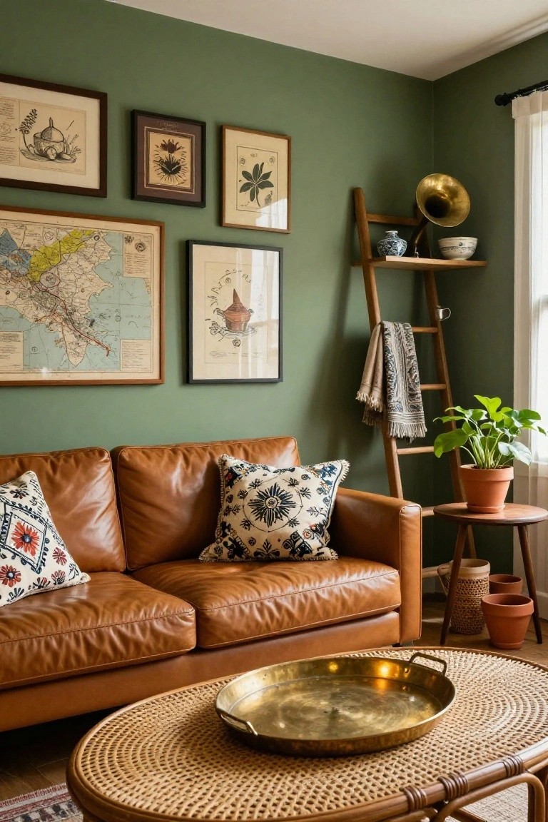 Sage green living room with tan leather sofa, patterned pillows, rattan coffee table holding brass tray, wooden ladder shelf with plants, blue-and-white ceramics, brass gramophone, and walls displaying framed botanical prints and vintage map.
