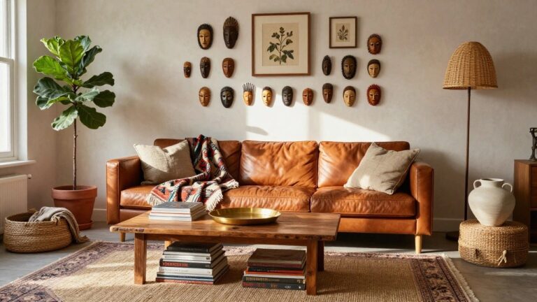 Living room with tan leather sofa topped with pillows and woven throw, wooden coffee table holding stacked books and brass tray, rattan floor lamp, potted fiddle leaf fig, Persian-style rug, and wall hung with assorted wooden masks and framed botanical prints.