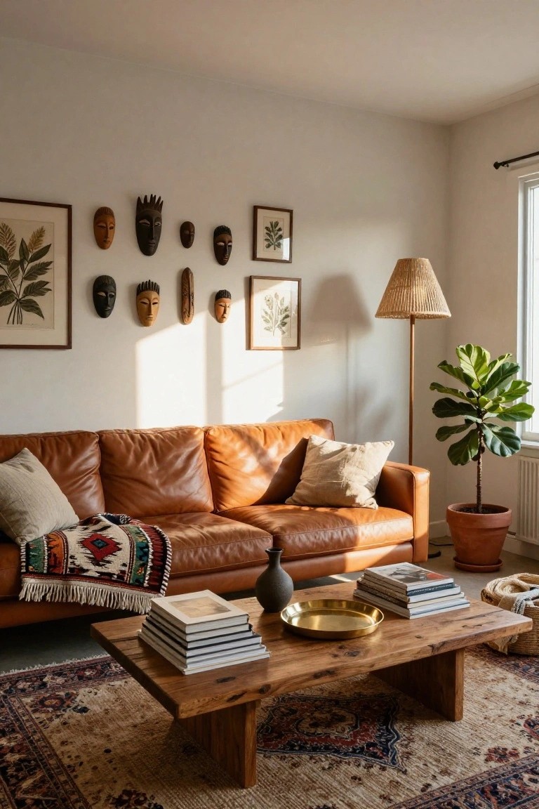 Living room with tan leather sofa topped with pillows and woven throw, wooden coffee table holding stacked books and brass tray, rattan floor lamp, potted fiddle leaf fig, Persian-style rug, and wall hung with assorted wooden masks and framed botanical prints.