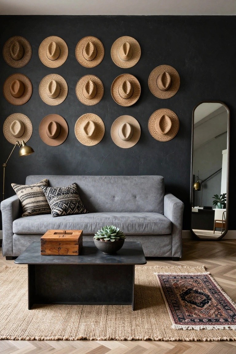 Living room featuring a dark textured wall with a grid of assorted straw and felt hats mounted on it, a gray sofa with patterned pillows, a low wooden coffee table holding a potted succulent, a seagrass rug layered with a Persian rug, and a tall mirror nearby.