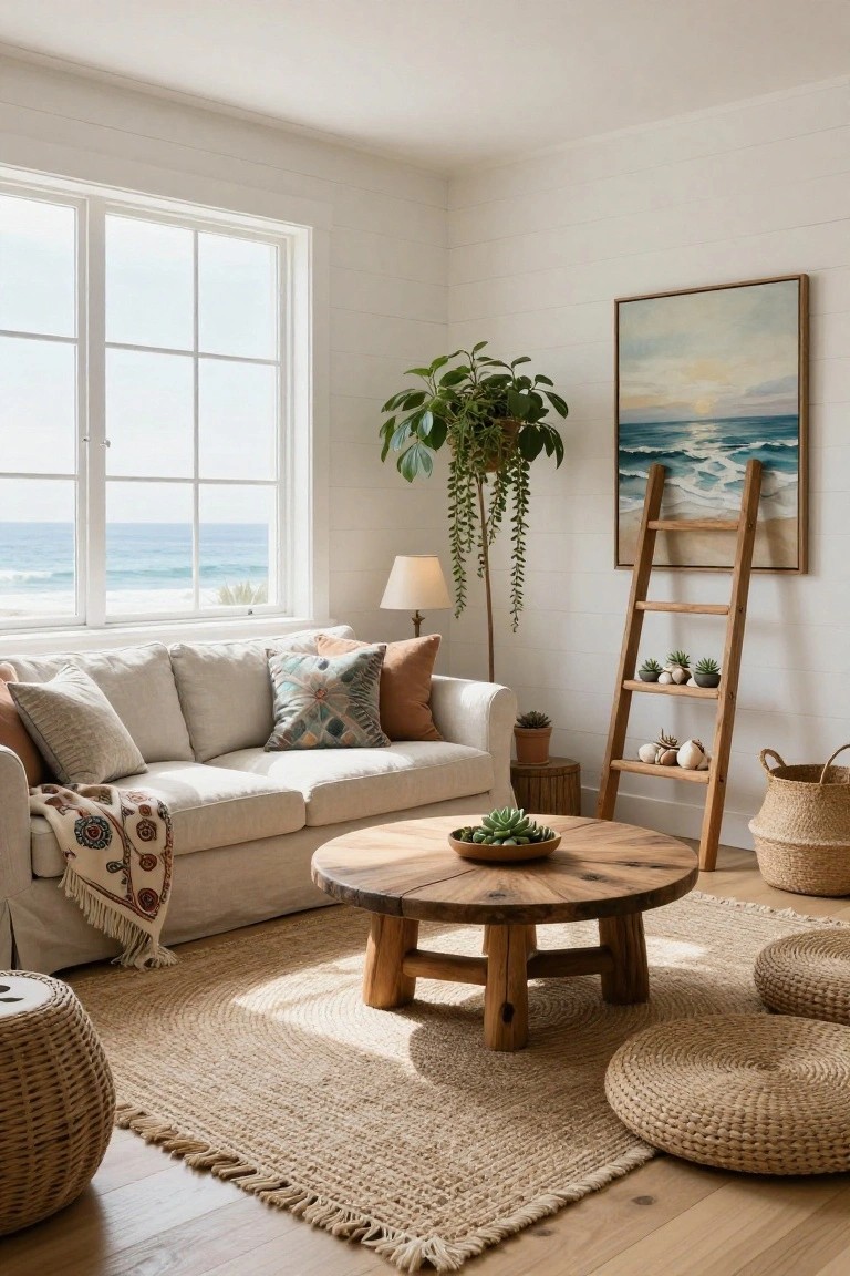 Sunlit living room corner featuring a beige linen sofa with pillows and throw, round wooden coffee table with succulent bowl, seagrass rug, wooden ladder shelf holding potted plants and shells, large windows with ocean view, and rattan poufs.