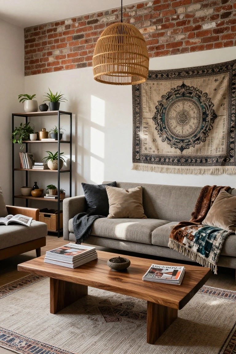 Gray sofa with black velvet pillows, beige cushions, gray throw, and colorful fringed blanket in a living room with wooden coffee table, black metal shelves holding plants, exposed brick wall, rattan pendant light, and large tapestry.