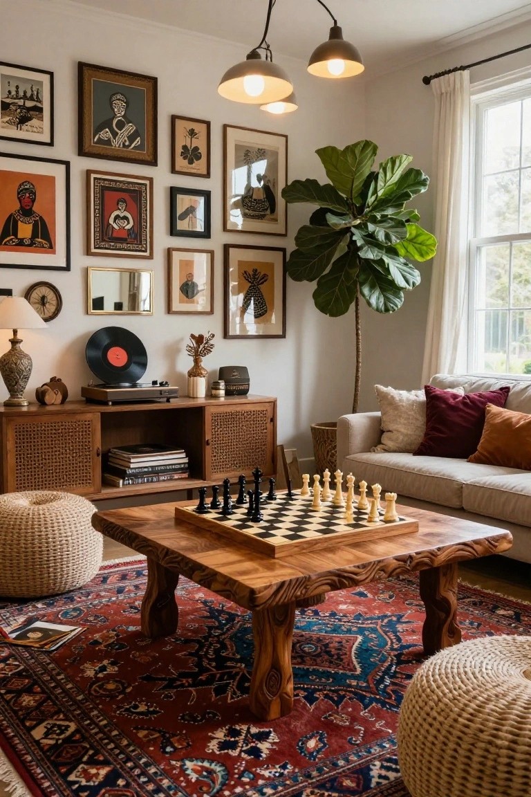 Living room with a dense wall gallery of eclectic framed art including portraits and abstracts, wooden console holding a turntable and books, chessboard on carved coffee table, beige sofa with pillows, rattan poufs, large potted fiddle leaf fig, and red Persian rug.