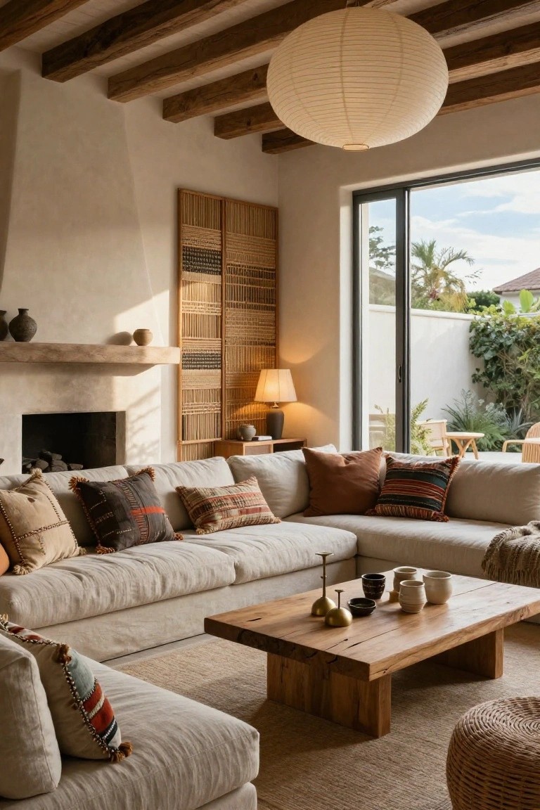Beige linen sectional sofa layered with multiple colorful patterned pillows and a throw blanket in a living room with wooden beams, woven bamboo wall screen, fireplace, wooden coffee table with ceramics, and sliding glass doors to outdoor greenery.