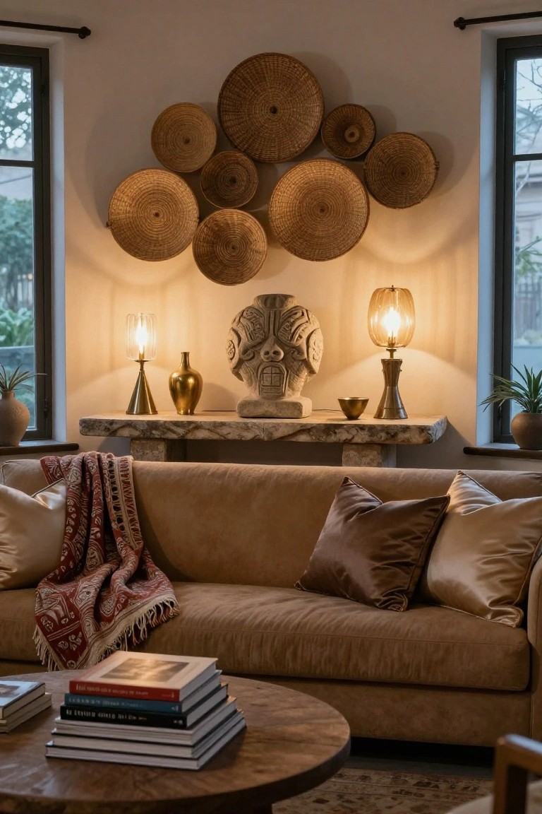 Living room corner featuring a tan sofa with pillows and throw, wooden coffee table with stacked books, stone console table with brass lamps, gold vase, stone sculpture, small bowl, potted plants, and multiple woven baskets of varying sizes clustered on the white wall beside large windows.