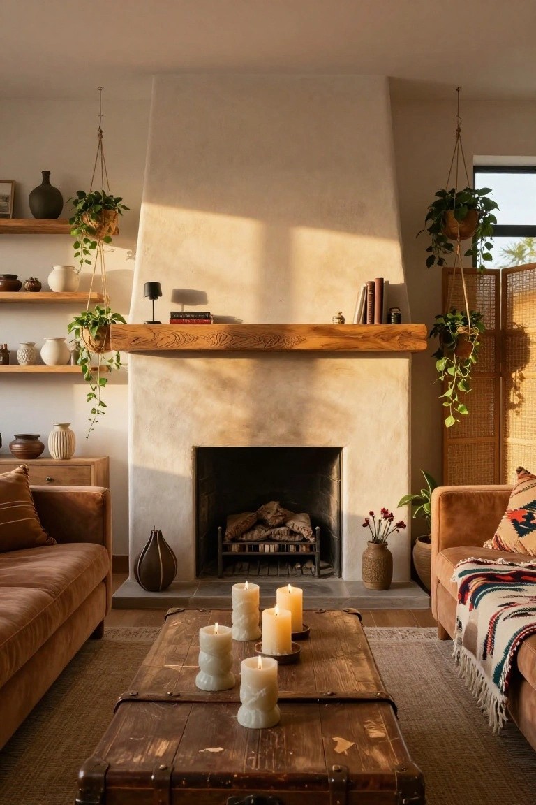 Living room featuring a tall white stucco fireplace with wooden mantel, hanging potted plants on ropes flanking it, wooden shelves with pottery and books, tan leather sofas, wooden trunk coffee table with candles, and rugs.