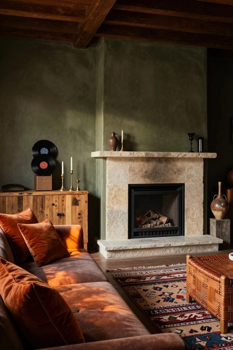 Living room with beige stone fireplace, wooden credenza holding stacked vinyl records and brass candlesticks, burnt orange velvet sofa with pillows, wicker trunk table, and patterned rug on wood floor under beamed ceiling.