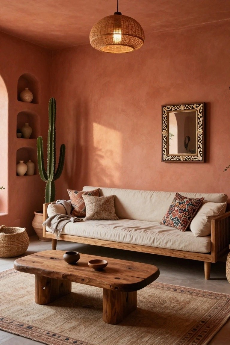 Terracotta plaster-walled living room with arched niches displaying pottery and a tall potted cactus, a beige linen sofa with patterned pillows and throw, wooden low-profile furniture, woven pendant light, and neutral rug on the floor.