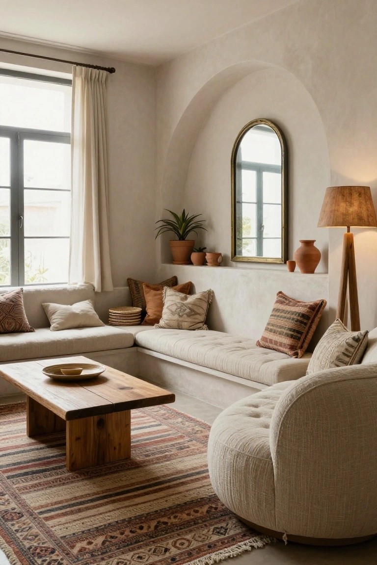 Living room featuring cream built-in L-shaped bench with assorted patterned pillows, wooden coffee table on striped rug, curved cream armchair, arched wall niche with terracotta pots and mirror, potted plant, and tall wood floor lamp.