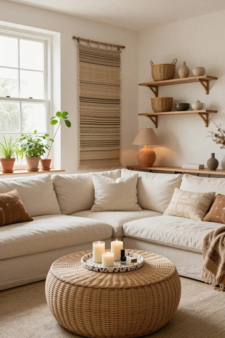 Light-filled living room corner with L-shaped cream sofa, round wicker pouf coffee table topped with speckled tray holding candles and small bottle, wooden floating shelves with woven baskets and ceramic pots, potted plants on windowsill, and large beige woven wall hanging.