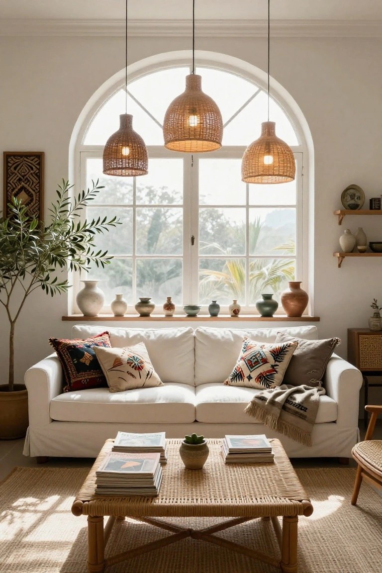 Bright living room featuring a white sofa with colorful patterned pillows, rattan coffee table stacked with magazines, triple woven rattan pendant lights hanging over an arched window with a sill lined with various ceramic vases and jars, potted olive tree nearby, and view of palm trees outside.