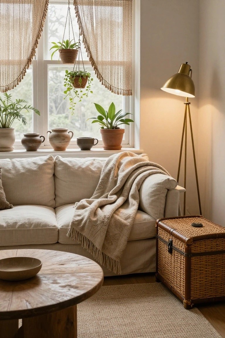Living room corner with white sofa draped in beige throw, wooden coffee table, wicker trunk, gold floor lamp, beige fringed curtains on window filled with multiple potted plants on sill and hanging, and neutral rug.