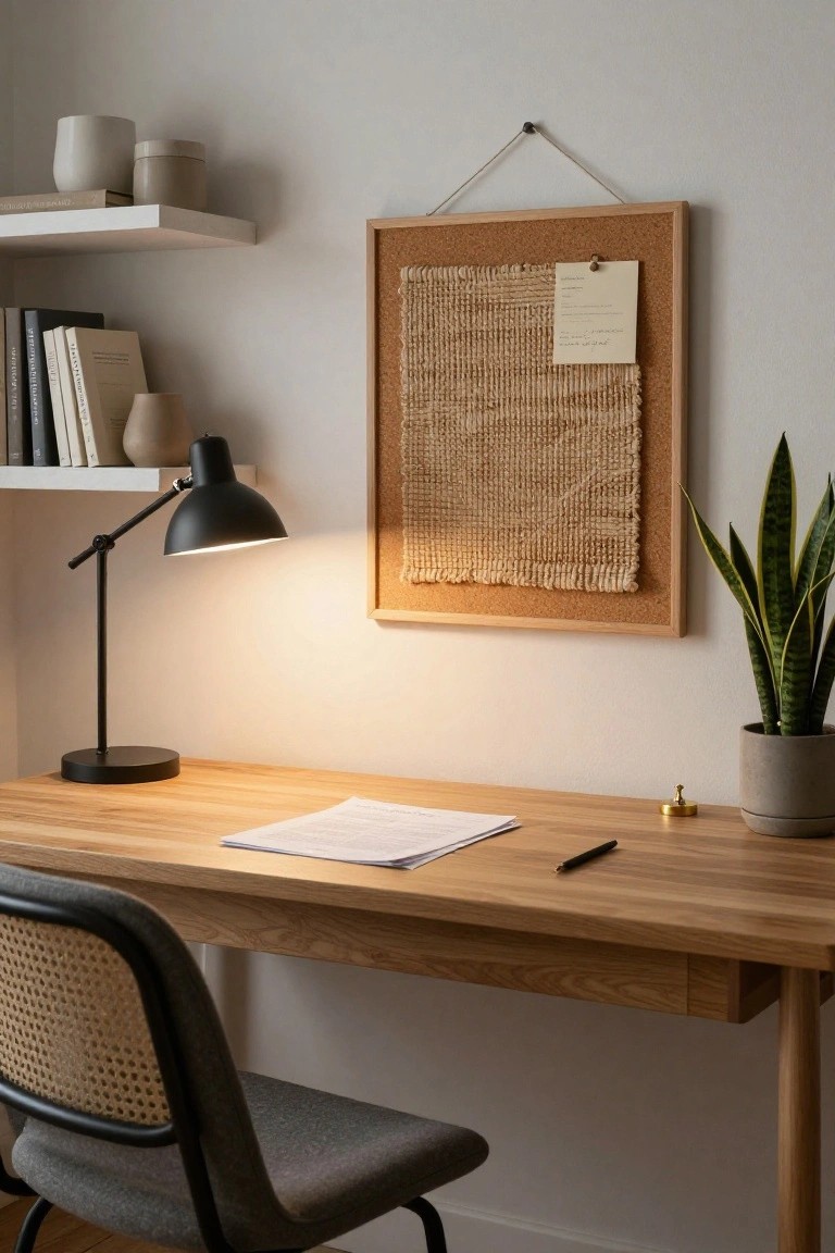 A minimalist home office with a light wooden desk holding papers and a pen, black adjustable desk lamp turned on, gray rattan chair, white floating shelves stocked with books and white ceramics, woven corkboard in wood frame on wall, and potted snake plant in gray pot.