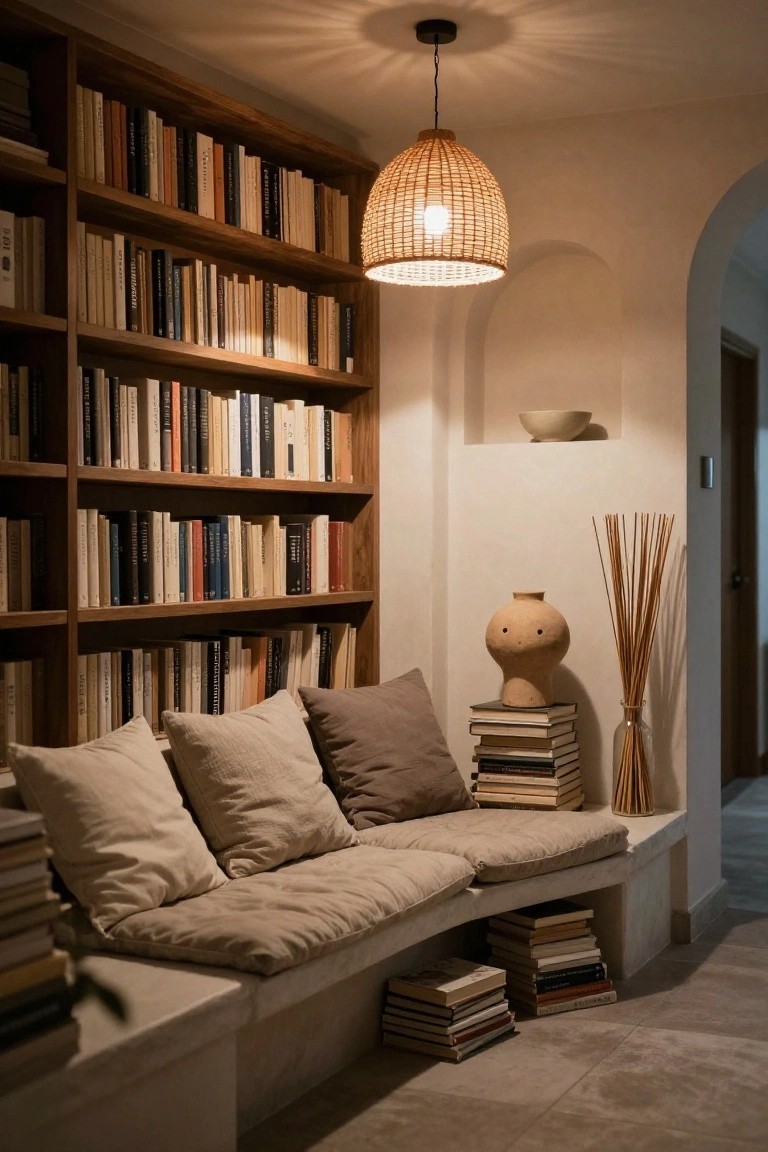 Indoor library nook with tall wooden bookshelves filled with books, low built-in bench with beige cushions and pillows, woven rattan pendant lamp, stacks of books, ceramic vase and bowl on pale walls and tiled floor.