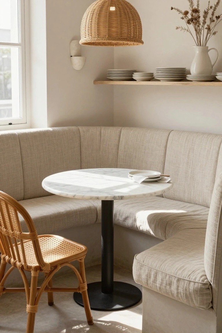 Beige corner banquette with tufted cushions around a round white marble pedestal table and rattan chair, under a woven pendant lamp, with open wood shelves holding stacked white plates and a white pitcher in a light corner room.