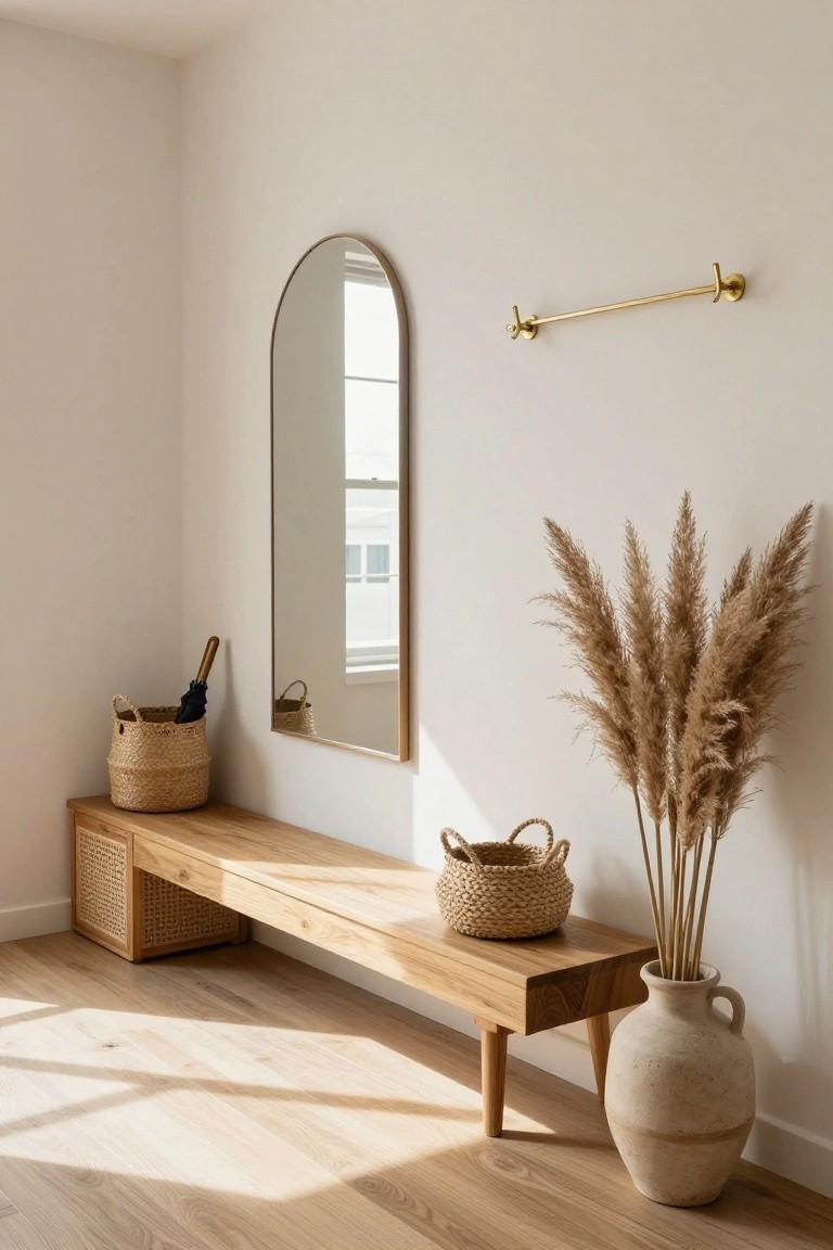 Corner of a light entryway with a wooden bench featuring rattan-wrapped storage underneath, seagrass baskets holding an umbrella nearby, tall pampas grass in a vase, an arched gold mirror on the wall, and a large terracotta pot on light wood floors.