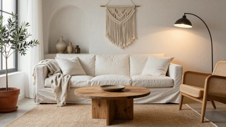 18 Neutral Boho Decor Ideas for a Calm Minimal Home Look Living room corner showing two cream-colored linen sofas facing each other around a round live-edge wooden coffee table with crossed legs on a seagrass rug, with an olive tree in a terracotta pot, white vases, macrame wall hanging, and black arc floor lamp near large windows.