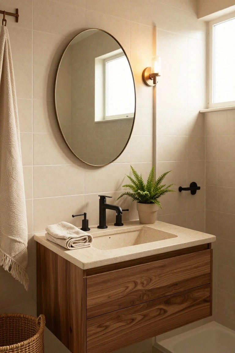 A modern bathroom with a floating walnut wood vanity under a stone sink, matte black faucet, round brass mirror, hanging white towels, fern plant in terracotta pot, neutral beige tiles, and a woven basket on the floor.