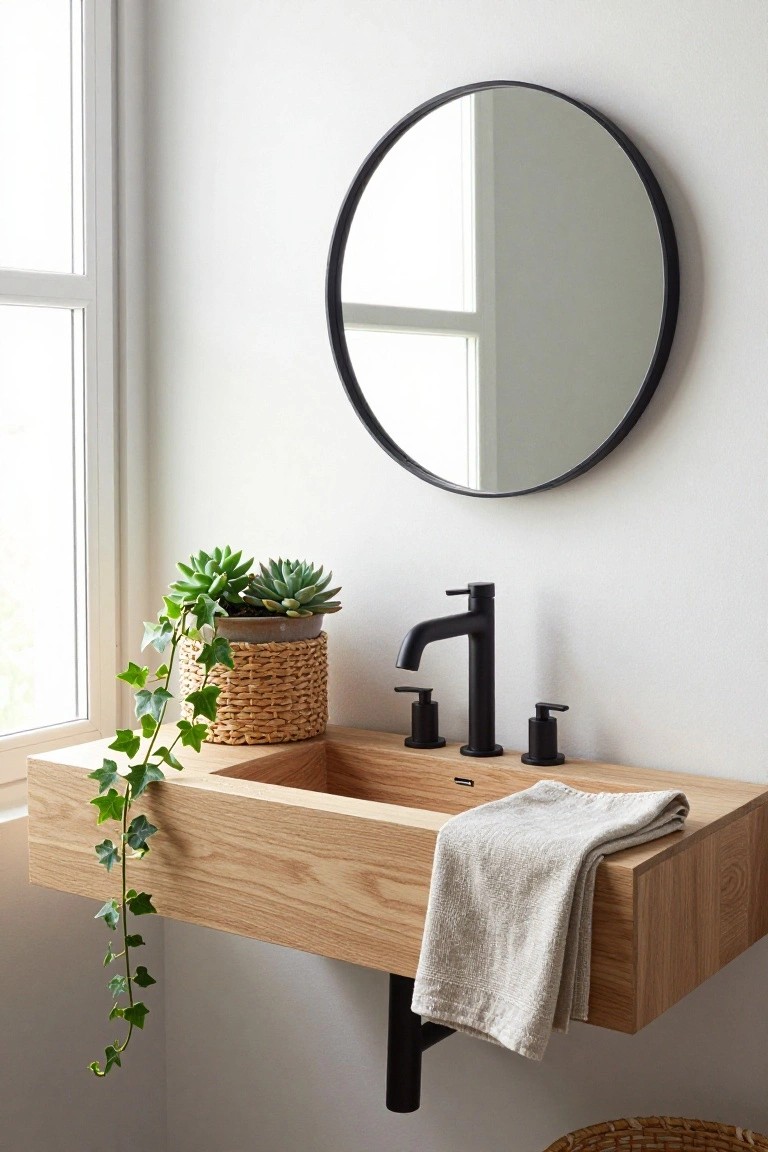 Wall-mounted rectangular oak wood sink vanity with integrated basin, trailing ivy plant, black faucet and handles, round black-framed mirror, potted succulents, and linen towel in a white bathroom by a window.