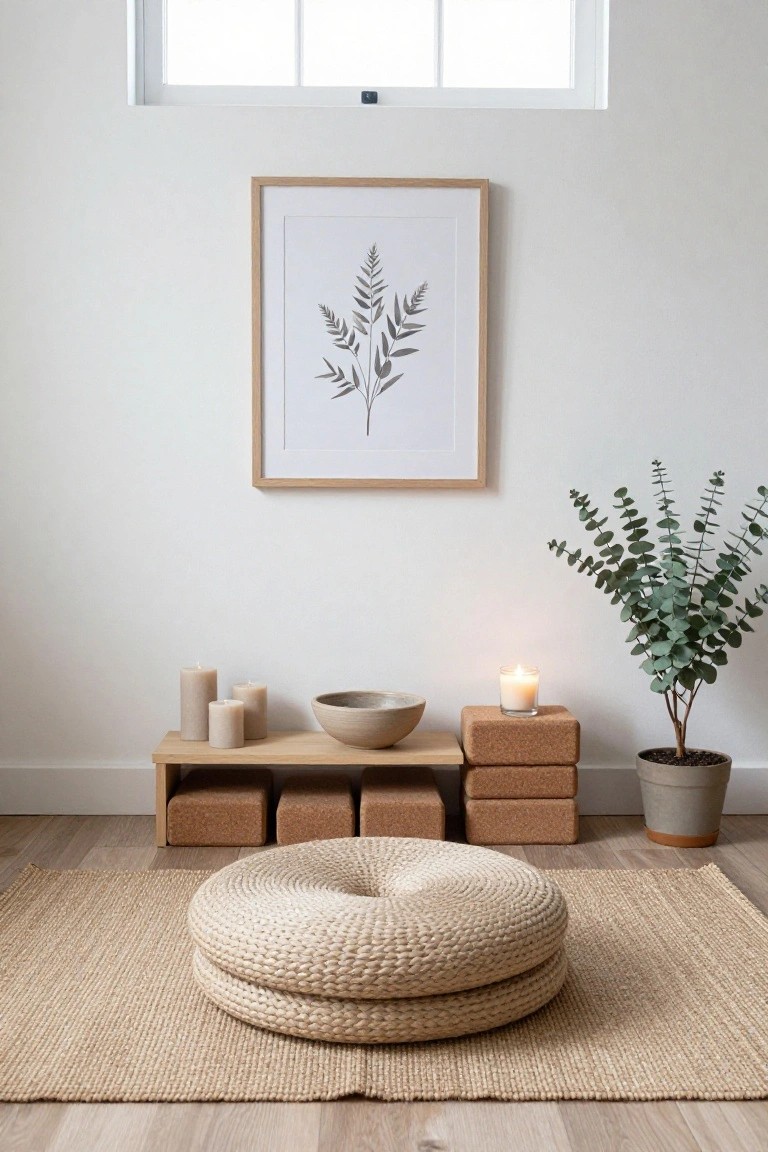 Minimalist white-walled room corner with stacked beige round floor cushions on a seagrass rug, low wooden bench holding cork yoga blocks, candles, ceramic bowl, eucalyptus plant in gray pot, and framed leaf artwork on the wall.