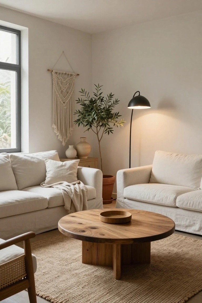 Living room corner showing two cream-colored linen sofas facing each other around a round live-edge wooden coffee table with crossed legs on a seagrass rug, with an olive tree in a terracotta pot, white vases, macrame wall hanging, and black arc floor lamp near large windows.