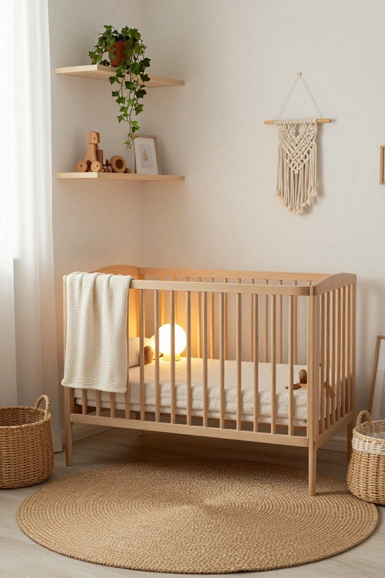 A light wooden crib with white bedding and a glowing lamp sits in a beige nursery corner, with wooden shelves holding toys and plants, macrame wall hanging, framed art, ivy plant, and seagrass rug on light wood floor.