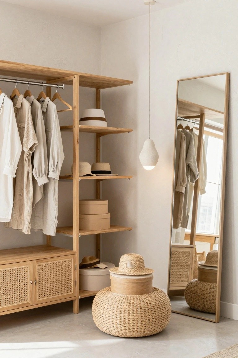 Light wood open wardrobe with hanging neutral clothes, shelves holding hats and beige boxes, rattan cabinet base, woven pouf stool, and tall wood-framed mirror in a white room corner.