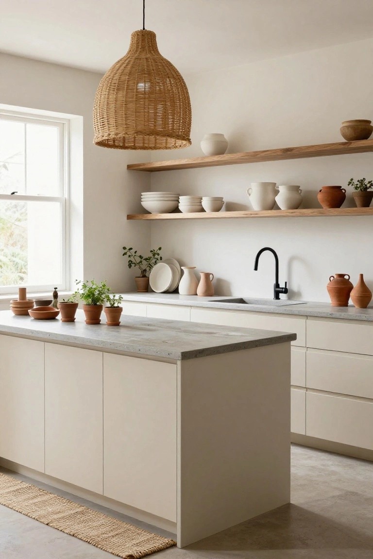 A neutral kitchen with white cabinets, light gray quartz island countertop, black matte faucet, open floating oak shelves displaying white plates, ceramic vases, terracotta pots and plants, and a large woven rattan pendant light.