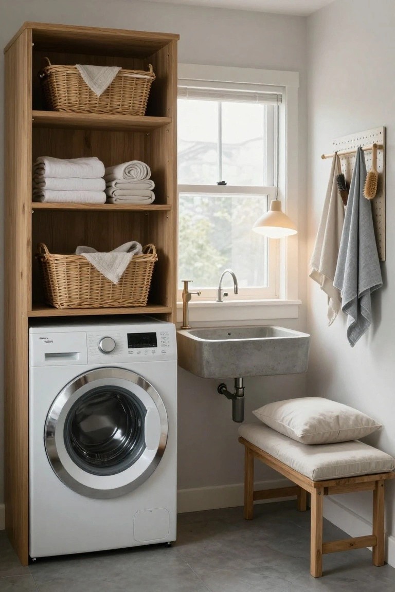 Compact laundry room with white washer under open oak shelving holding wicker baskets and folded white towels, adjacent to gray concrete sink, wooden peg rail with hanging towels, and bench on light gray floor.