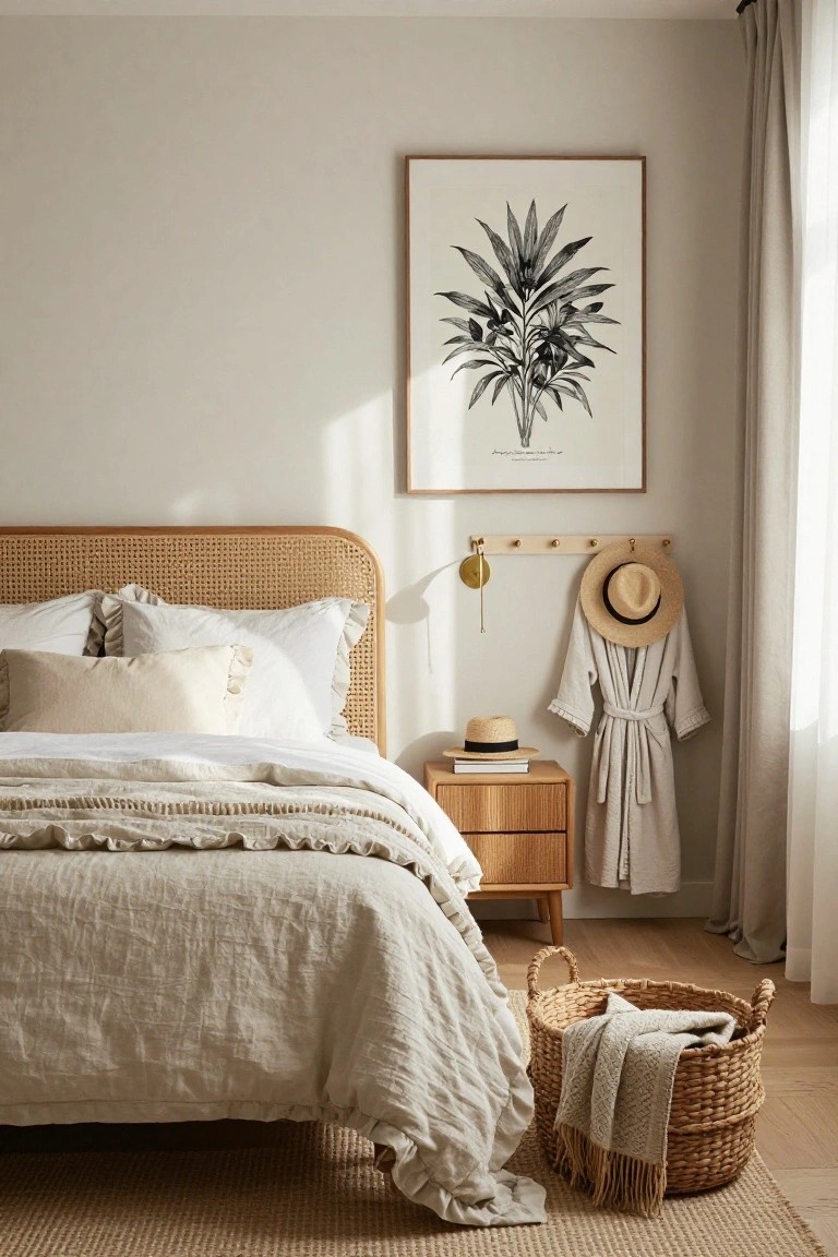 Beige bedroom with rattan bed frame and headboard, cream linen bedding, wooden nightstand holding a book and hat, large botanical print on wall, hanging beige kimono and hat on hooks, wicker basket with throw on seagrass rug.