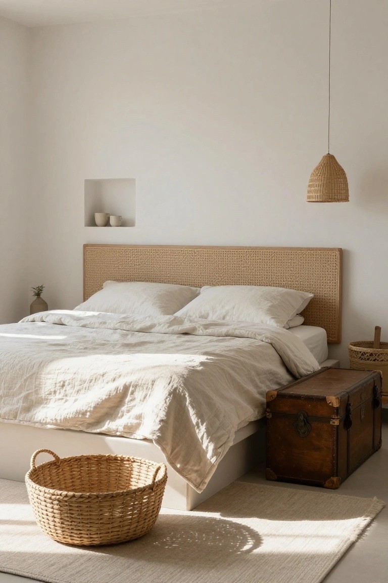 A minimalist white bedroom with a beige rattan headboard, white linen bedding on the bed, wicker baskets, a vintage trunk bedside, and a woven pendant lamp overhead.
