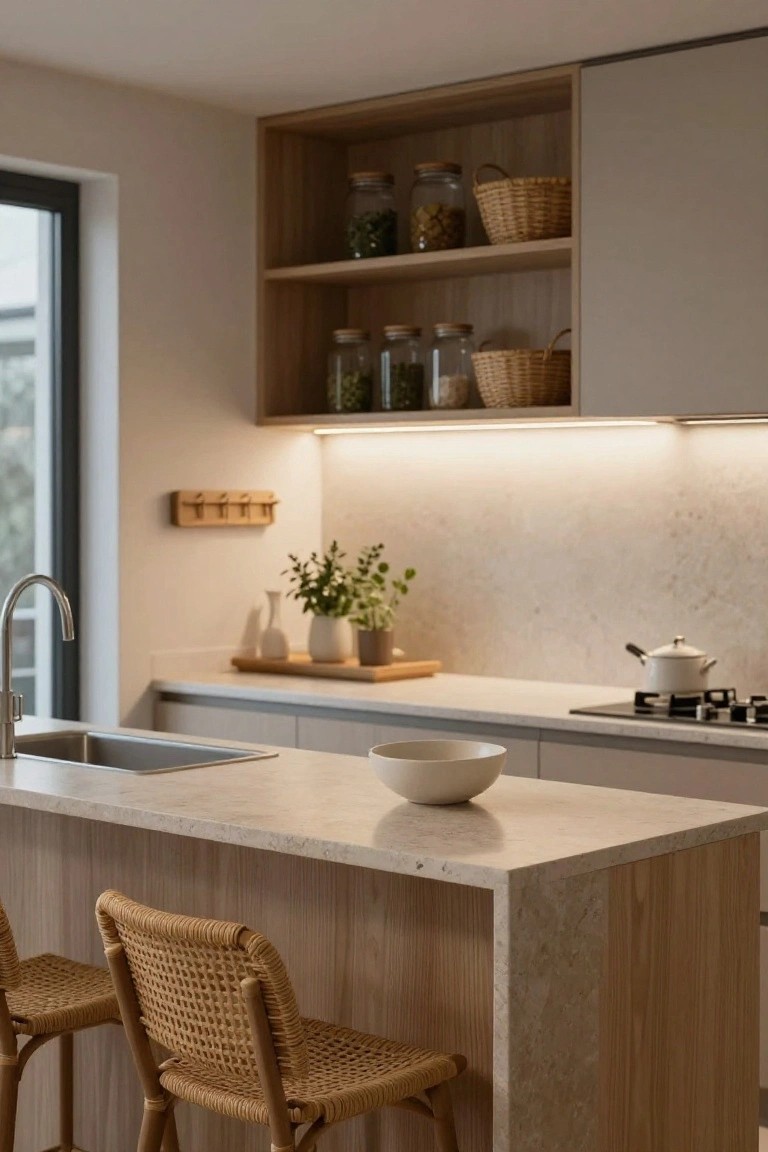 Modern kitchen interior with light wood cabinets and island, beige stone countertops, two rattan bar stools, stainless sink, gas stove, open shelving stocked with jars and baskets, plants, and LED under-cabinet lighting.