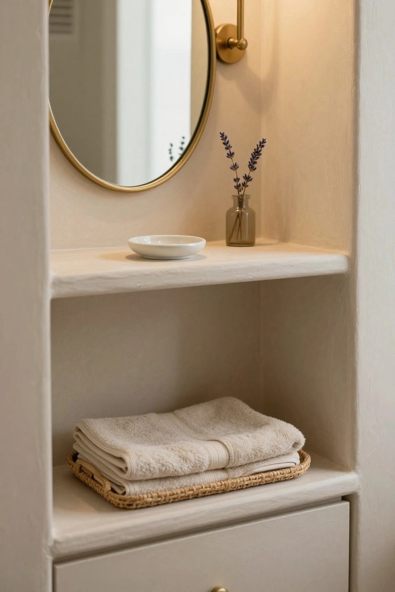 Beige towels in wicker basket on built-in shelf with lavender vase.