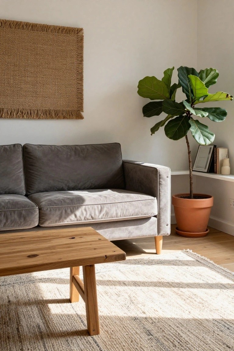 Sunlit living room corner with gray velvet sofa, low rustic wooden coffee table on seagrass rug, tall fiddle leaf fig plant in terracotta pot beside a small white shelf holding books and a vase, and woven burlap wall hanging above.