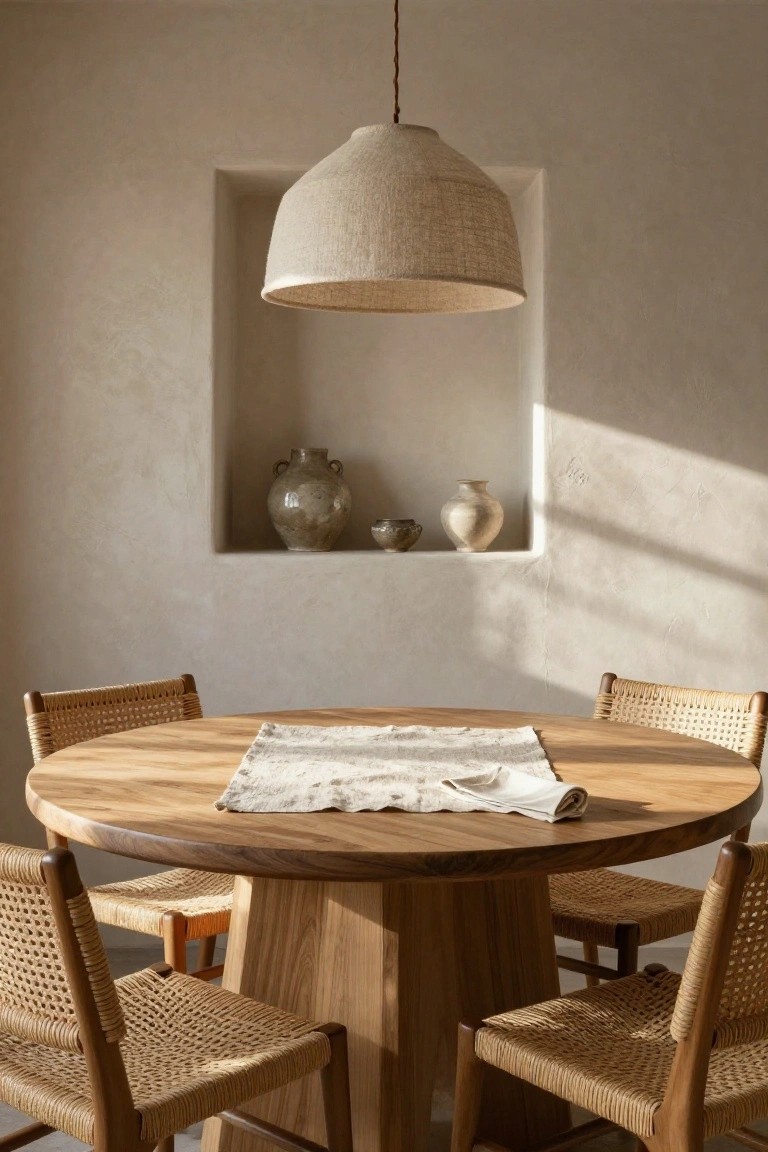 Beige textured dining room with round wooden pedestal table, four rattan chairs, beige linen runner on table, large cream fabric pendant light overhead, and recessed wall niche displaying three neutral ceramic vases.