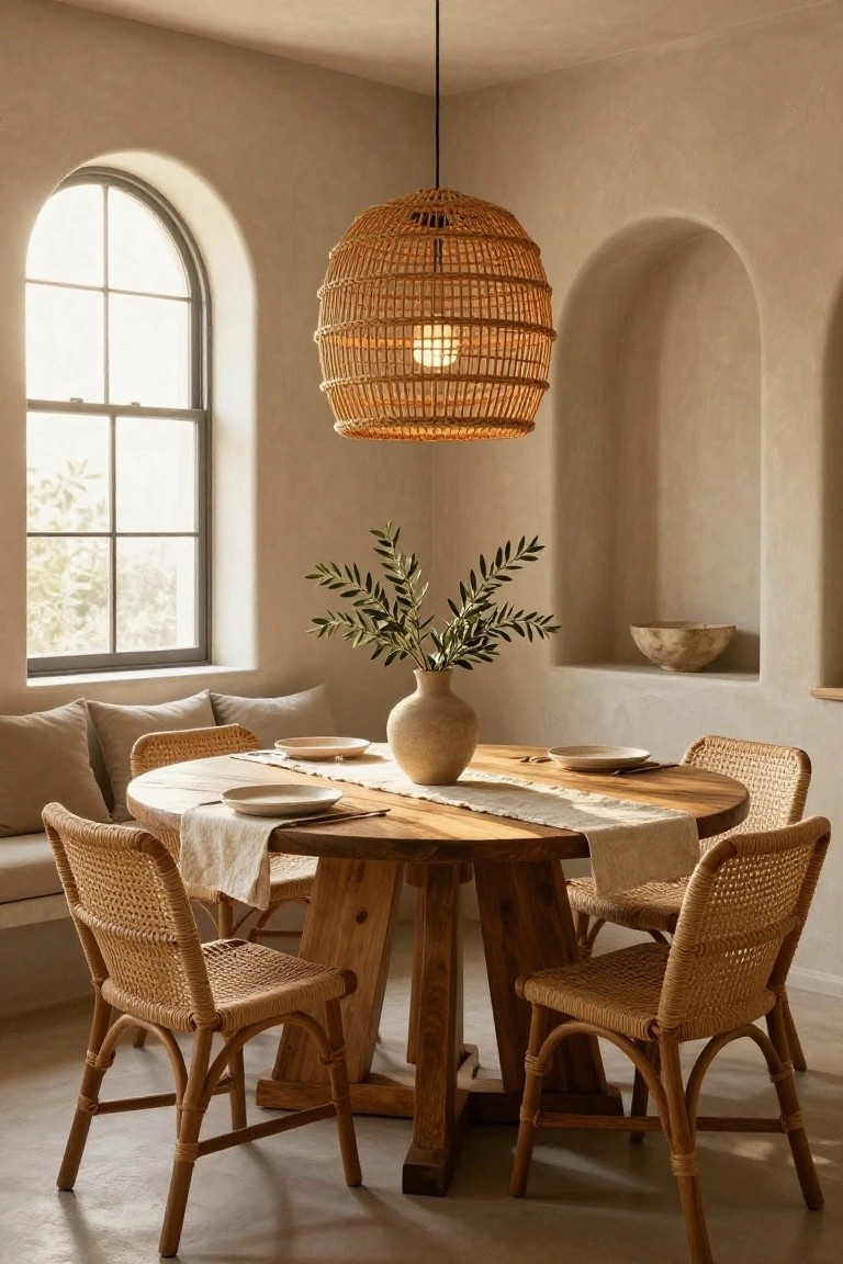 Round wooden dining table with beige runner, white plates, and terracotta vase of olive branches, surrounded by cushioned beige bench and rattan chairs in a beige-walled room with arched windows, niches, and woven pendant light.