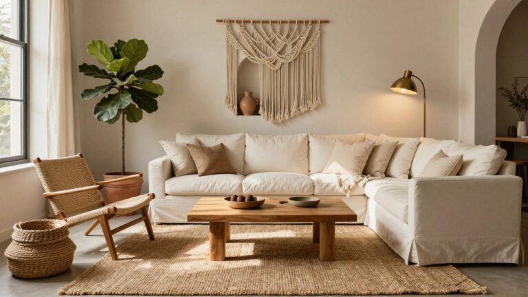 19 Neutral Boho Decor Ideas For A Calm Minimal Inspired Home Bright living room featuring a white slipcovered sofa with neutral pillows, low rectangular wooden coffee table with chunky legs, two rattan chairs, large potted fiddle leaf fig plant, seagrass rug, and arched wall niche with pottery and macrame hanging.