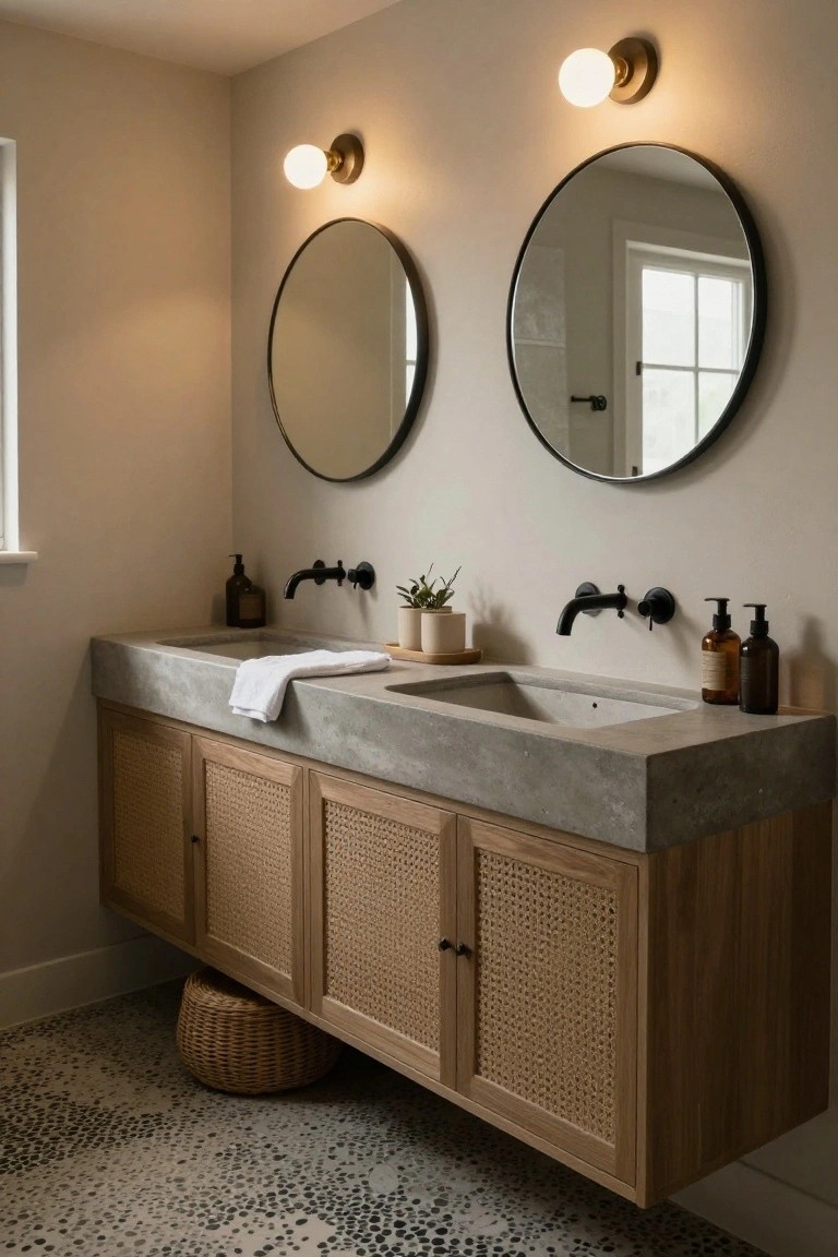 Bathroom with floating light wood vanity cabinets featuring rattan doors, concrete countertop with two integrated gray sinks, black wall faucets, two round black-framed mirrors above, plants and bottles on the counter, woven basket below, on speckled tile floor.