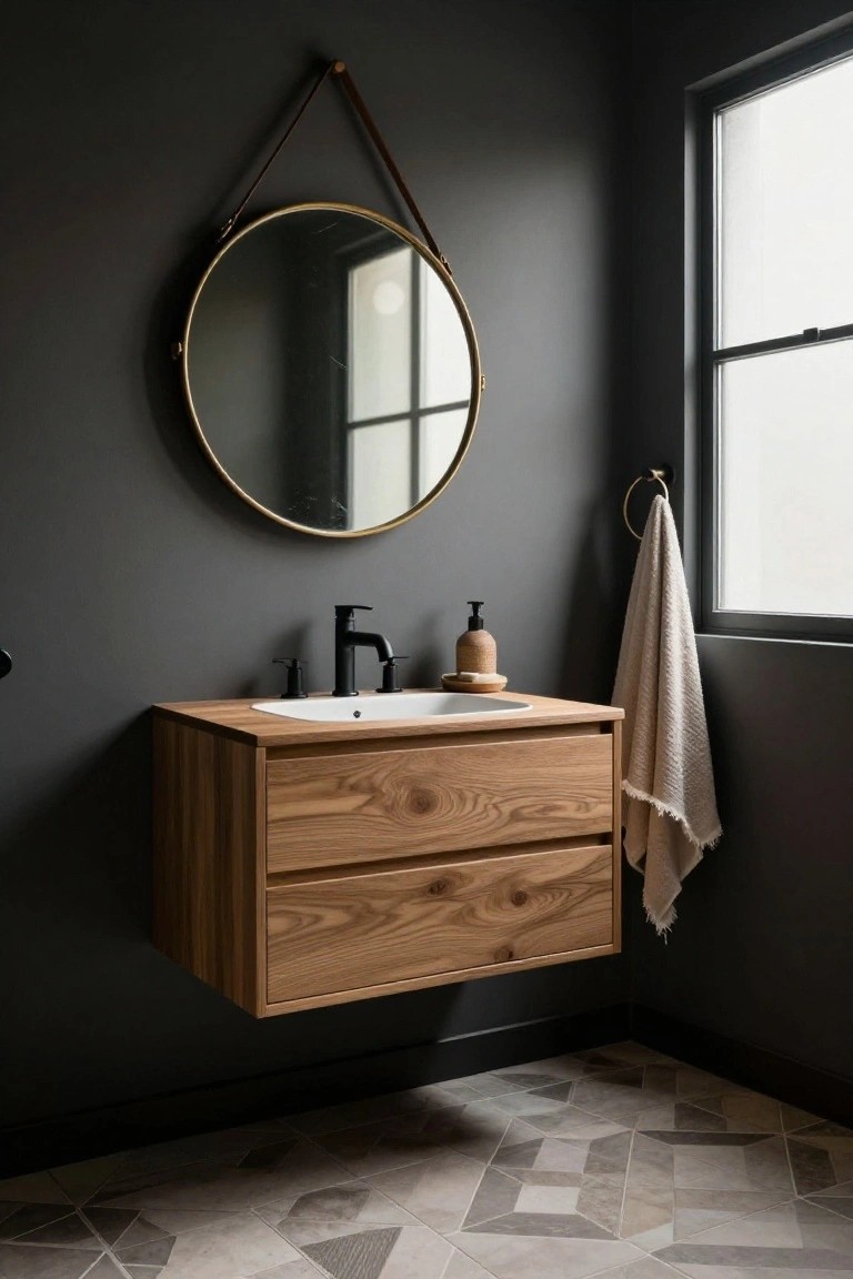 Close-up view of a bathroom corner with dark gray walls, a floating light wood vanity and sink with black faucet, gold round mirror on leather strap, white towel on a hook by a window, and geometric gray floor tiles.