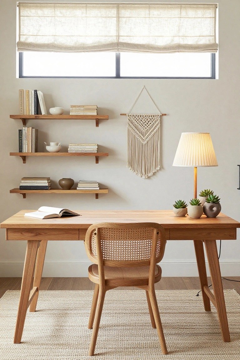 Beige room interior with three tiers of wooden floating shelves displaying books, white bowls, pottery, and plants on a light wall, wooden desk with open book and potted succulents, rattan chair, macrame wall hanging, lamp, and linen blinds.
