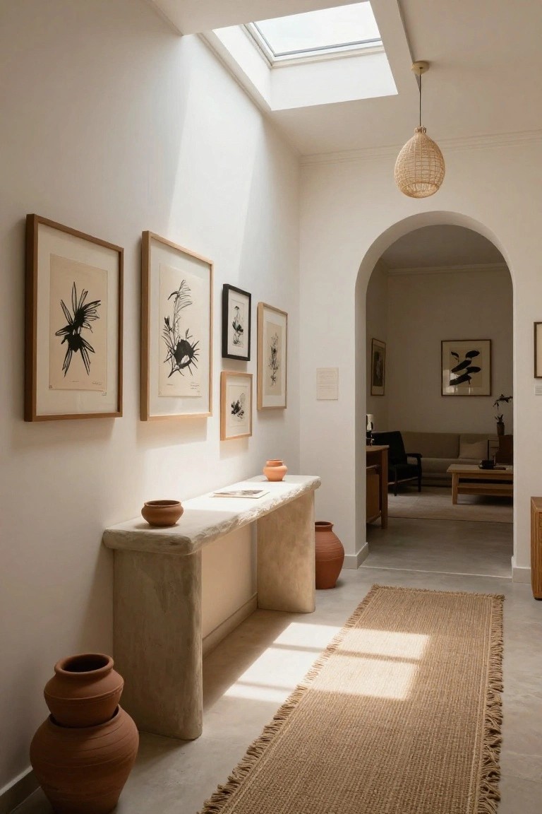 White hallway with skylight overhead, rattan pendant light, gallery wall of black ink abstract drawings, long beige stone console table topped with small clay bowl and papers, terracotta pots on table and floor nearby, seagrass runner rug, and arched opening to living room beyond.