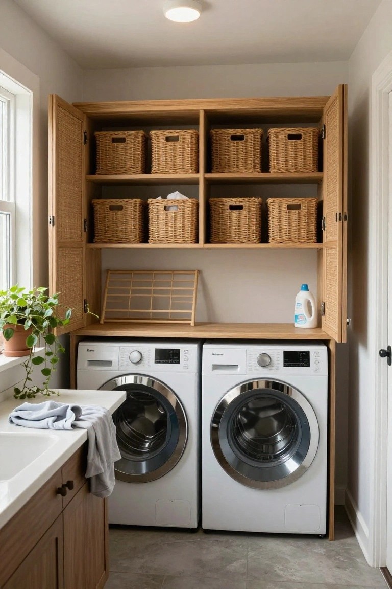 White front-loading washer and dryer built into light wood cabinetry with rattan-woven doors, wicker baskets on open shelves, wooden drying rack, detergent bottle, potted plant, and countertop in a bright interior laundry room.