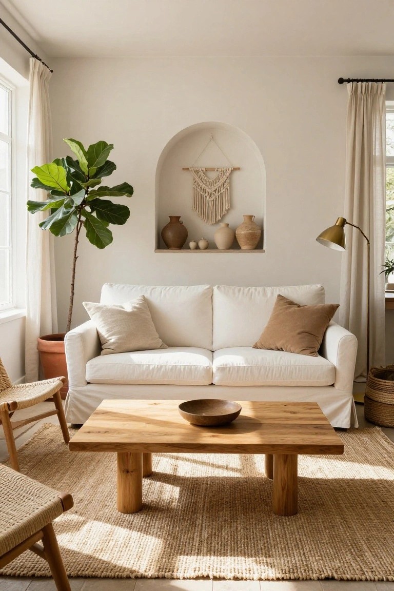 Bright living room featuring a white slipcovered sofa with neutral pillows, low rectangular wooden coffee table with chunky legs, two rattan chairs, large potted fiddle leaf fig plant, seagrass rug, and arched wall niche with pottery and macrame hanging.