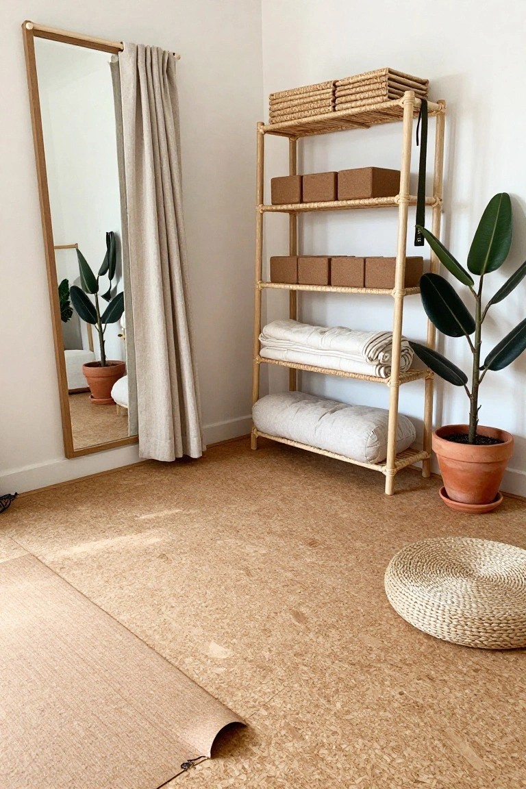 A tall rattan shelving unit in a corner holds stacked yoga blocks, folded blankets, and a bolster, positioned next to a potted rubber plant and a full-length wooden mirror on a cork floor with a yoga mat and pouf nearby.