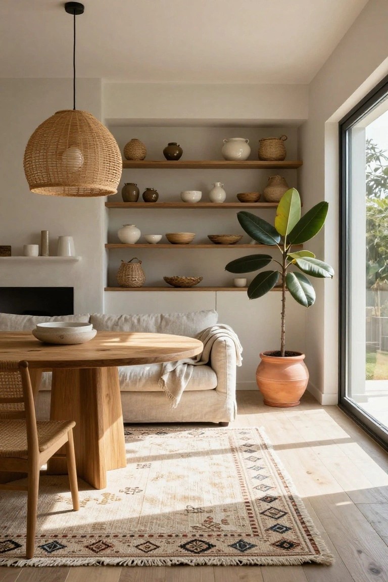 Light-filled interior room with light wood open shelves displaying assorted white and brown ceramic pots, vases, bowls, and woven baskets above a fireplace, rattan pendant lamp over round wood dining table with rattan chairs, neutral linen sofa, and tall potted plant in terracotta pot by floor-to-ceiling glass doors.