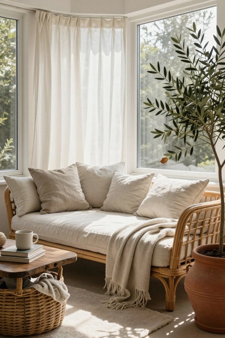 Beige rattan daybed with cream pillows and throw blanket in a bay window corner, wooden side table with books and white mug, large potted olive tree, sheer curtains, and natural light filtering through.