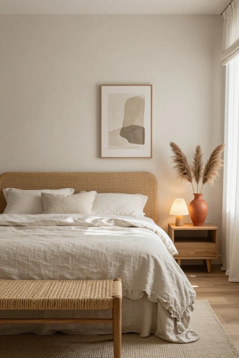 Bedroom interior with woven rattan headboard and foot bench, white linen bedding, wooden nightstand holding a lamp and pampas grass in terracotta vase, light beige walls, sheer curtains, and light wood floor.
