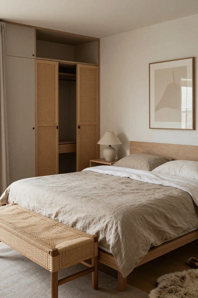 A neutral bedroom with light walls, a wooden platform bed draped in beige linen bedding, open rattan doors on a tall wardrobe, a woven rattan bench at the bed foot, a ceramic lamp on a nightstand, and a cream sheepskin rug on a light floor.