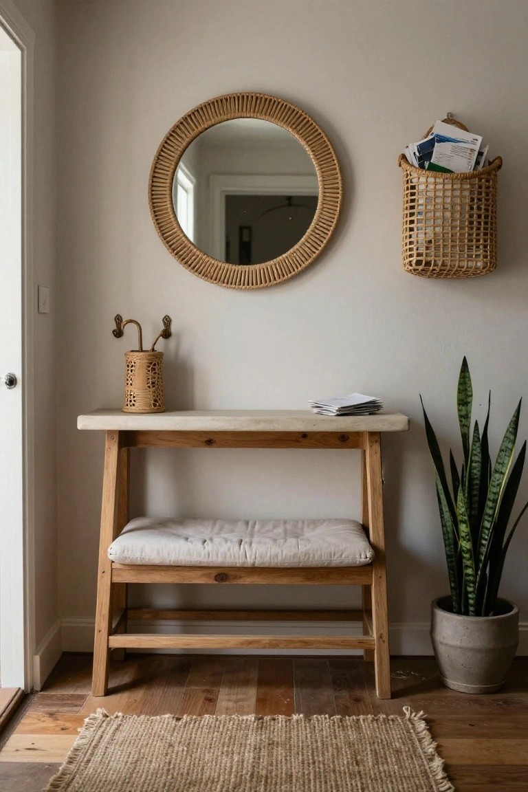 Neutral entryway with light gray walls, round rattan mirror, woven mail basket, wooden console table topped with papers and a lacy rattan vase holder, cushioned bench underneath, tall snake plant in gray pot, and seagrass rug on wood floors.